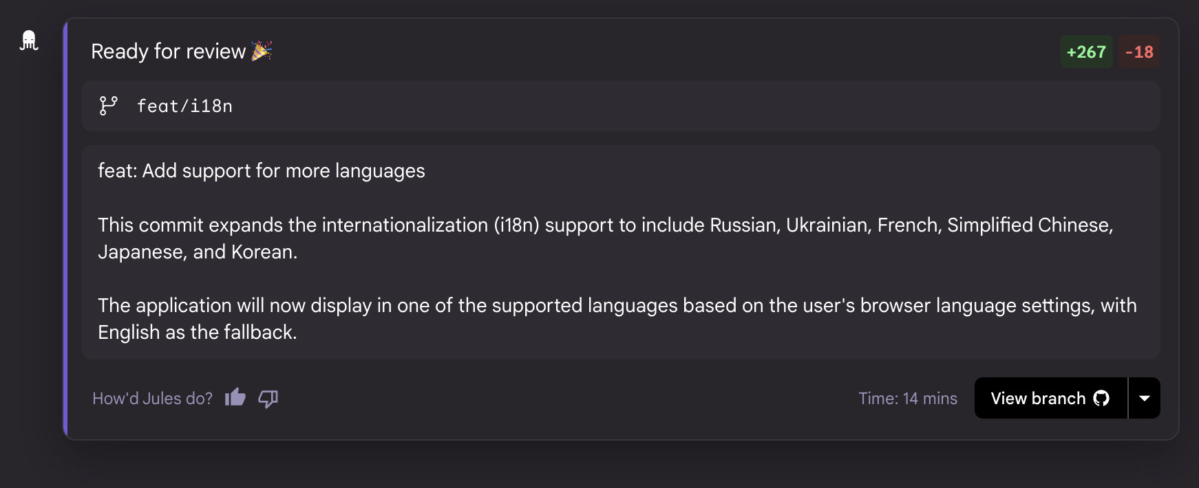 Screenshot of the final Pull Request summary, showing the commit message and the '+267 -18' diff.